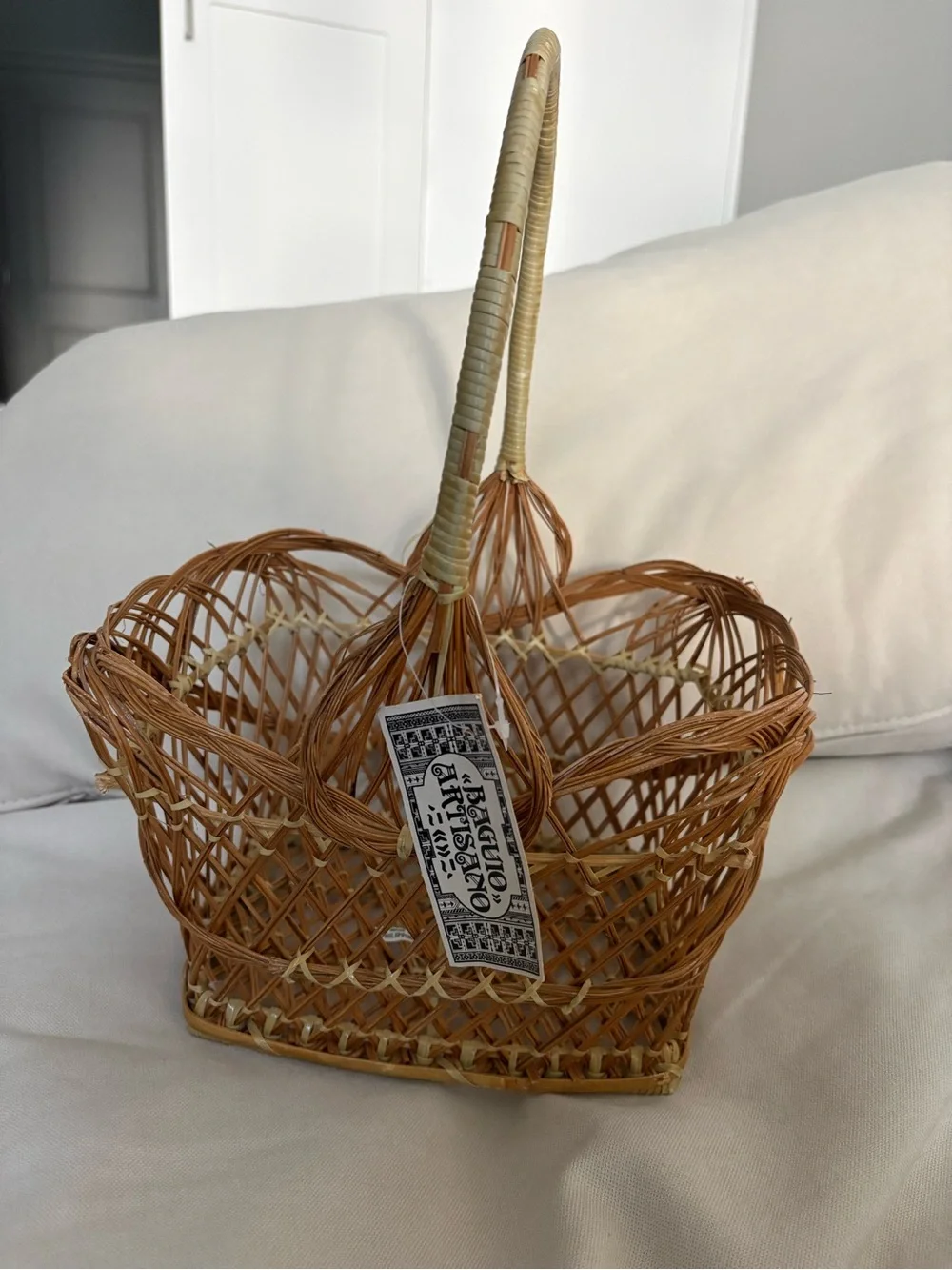 Artisan Handwoven Natural Brown Rattan Basket with Wrapped Handle